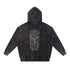 Black denim hoodie with geometric design on the back against a white background